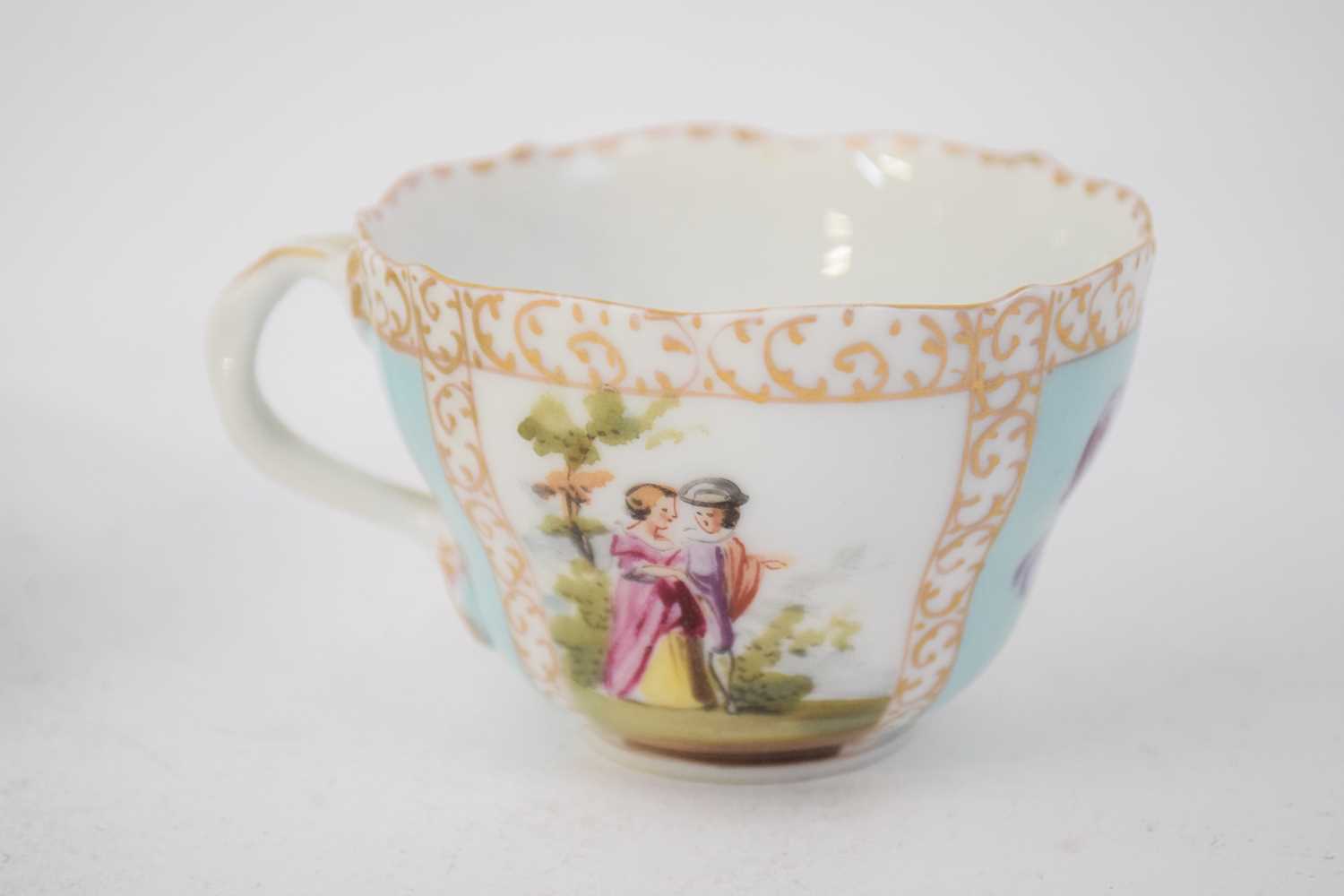 Continental porcelain cup and saucer decorated in Meissen style with panels of figures - Image 7 of 8