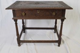 18th century and later oak side table with single frieze drawer and carved detail throughout,