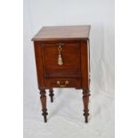 19th century mahogany pot cupboard with drop down door and single drawer to base, raised on turned