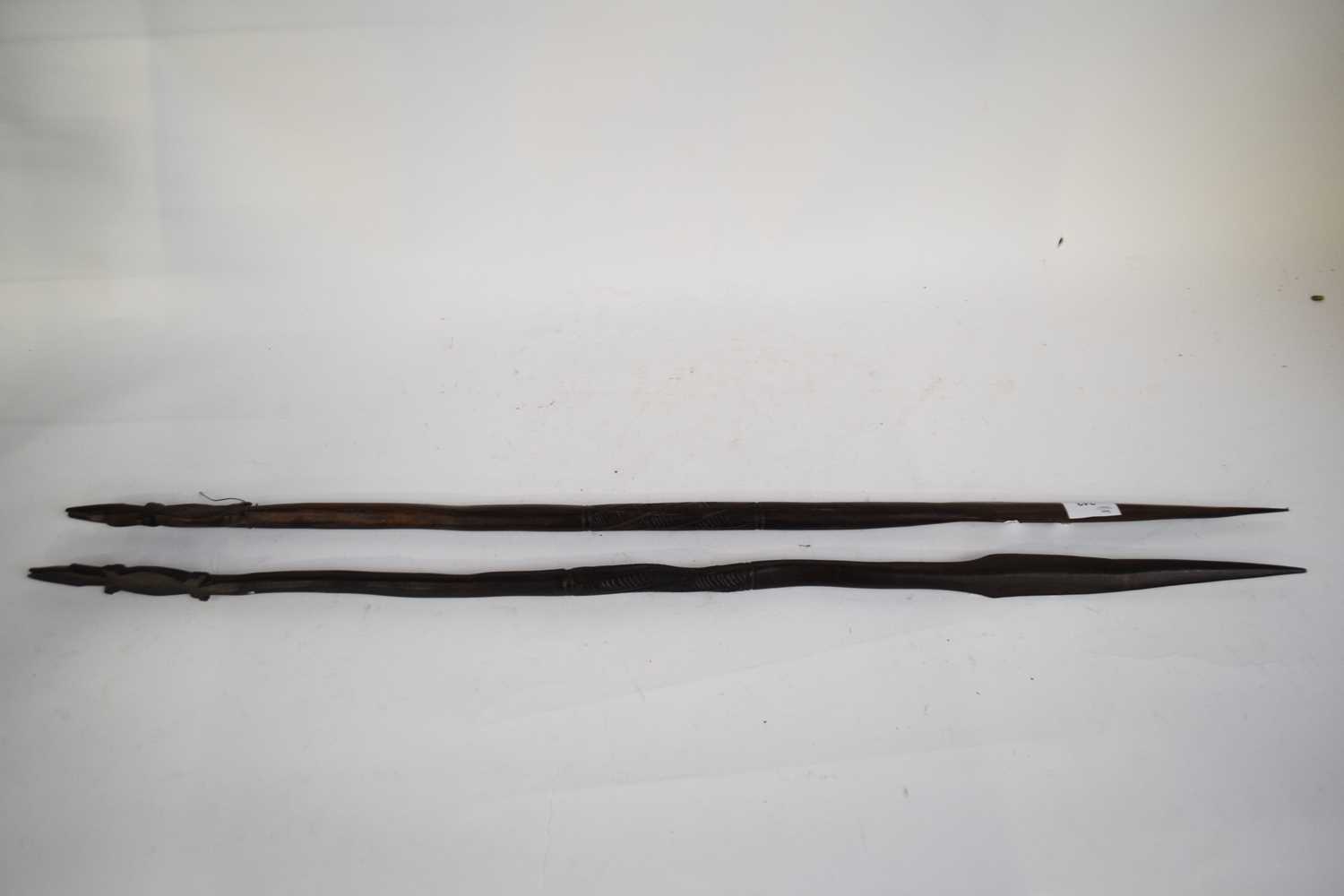 Tribal/ethnographical interest - pair of small hardwood spears with crocodile carved ends, approx