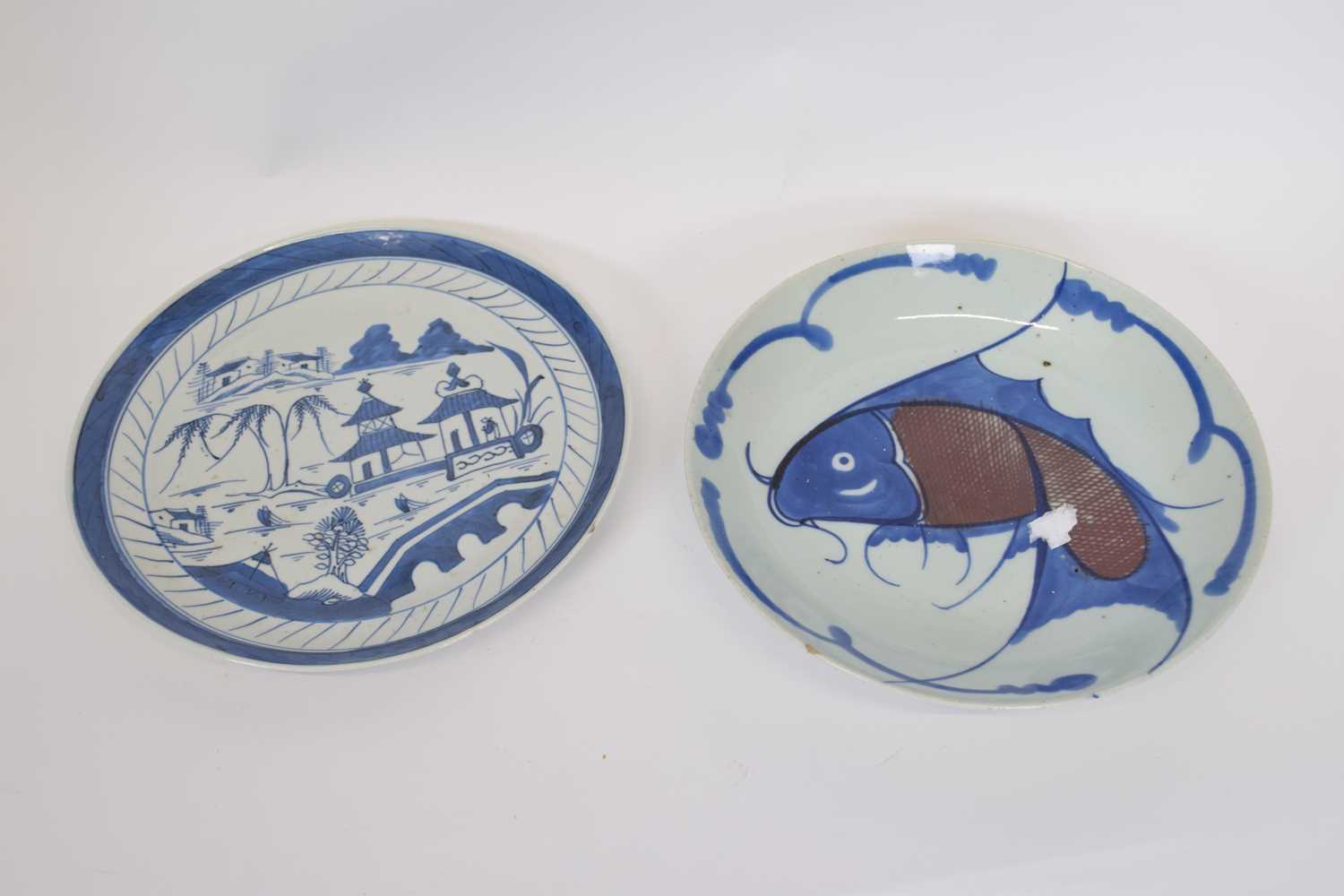 Chinese porcelain late 19th century Guangxu bowl decorated with a fish and further plate with blue