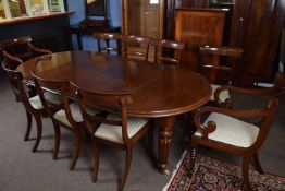 Set of 10 Victorian mahogany bar back dining chairs comprising 2 carver chairs with scrolled arms