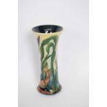 Moorcroft trumpet vase decorated with a fish and kingfisher in polychrome tube lined design, the