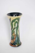 Moorcroft trumpet vase decorated with a fish and kingfisher in polychrome tube lined design, the