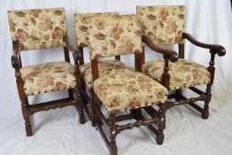 Set of six 17th century style oak dining chairs comprising two carvers and four single chairs, all