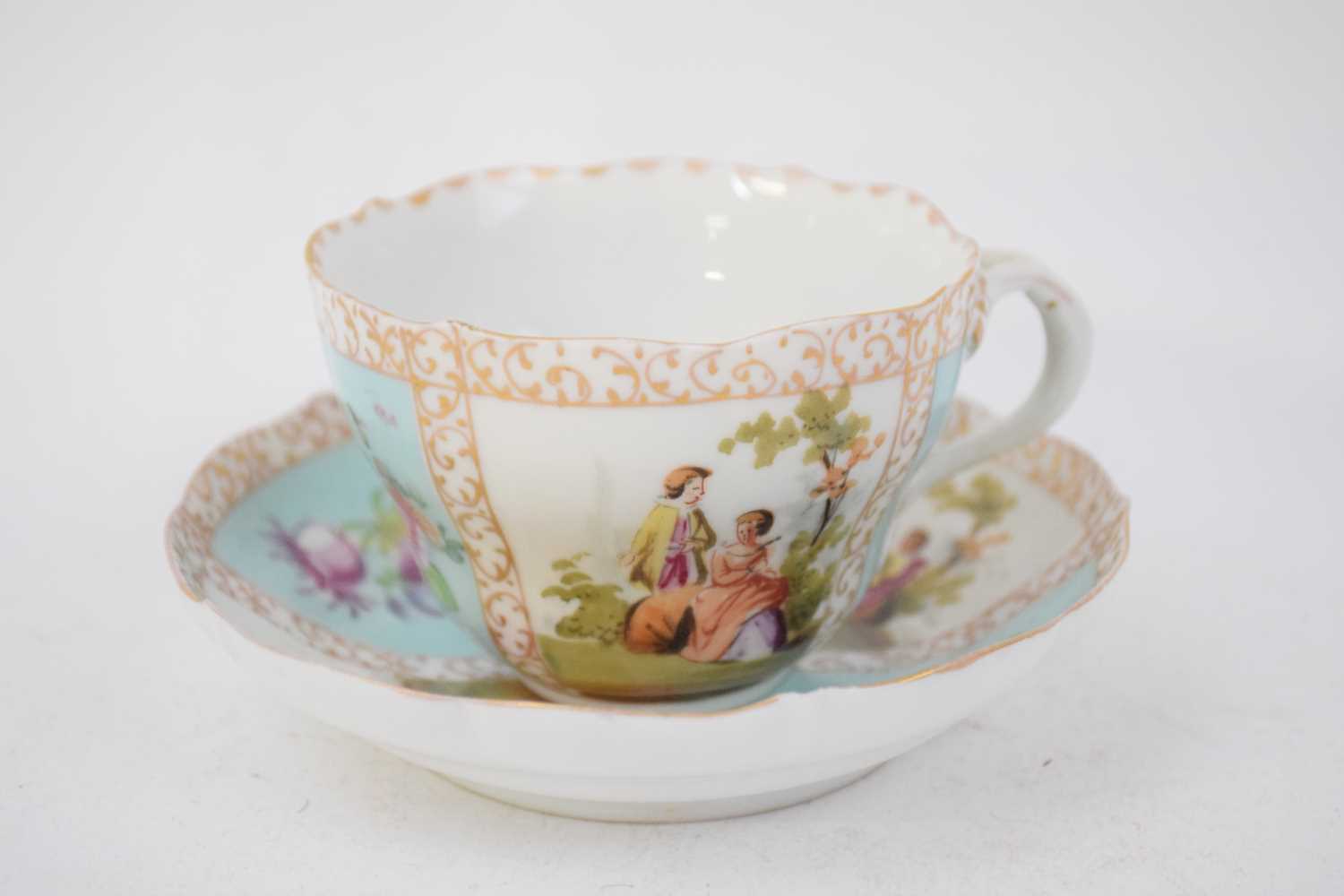 Continental porcelain cup and saucer decorated in Meissen style with panels of figures - Image 3 of 8