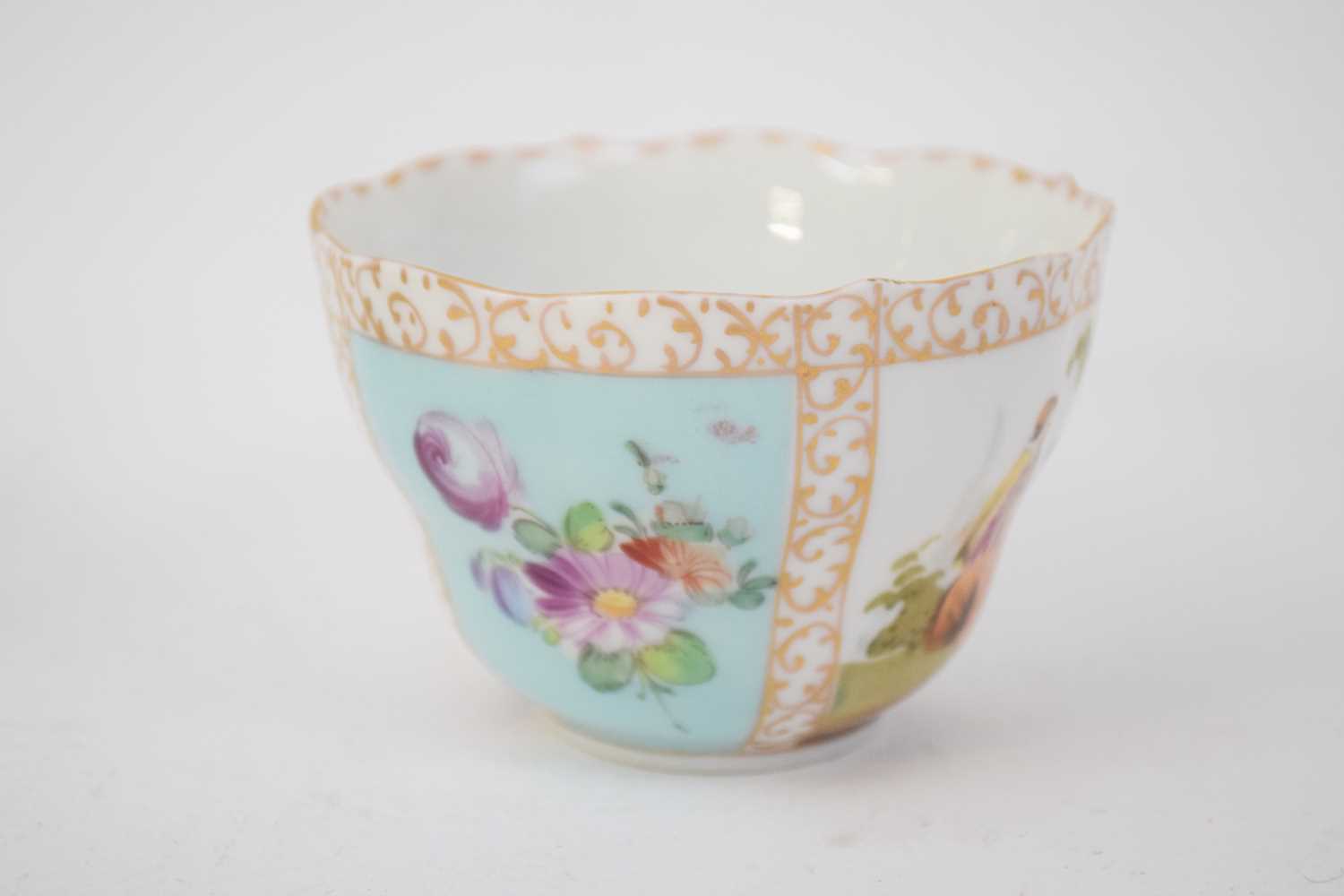 Continental porcelain cup and saucer decorated in Meissen style with panels of figures - Image 8 of 8