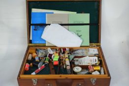 Case containing various fly fishing tying supplies plus various instruction leaflets etc, case