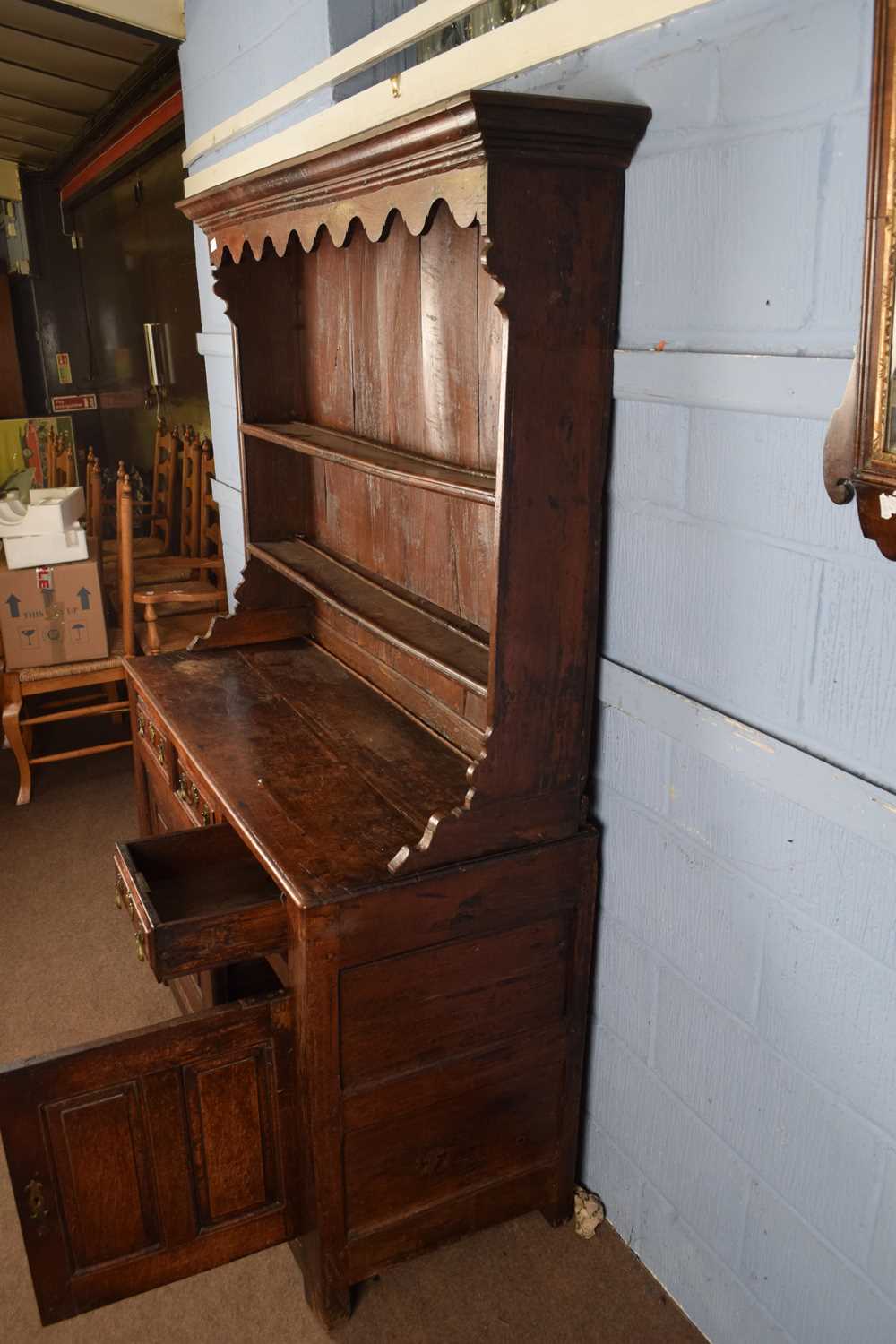 18th century oak dresser, the top section with moulded cornice and two shelves over a base with - Image 3 of 6