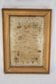 19th century needlework sampler decorated with a long text and letters surrounded by stylised