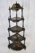 Late 19th/early 20th century five-tier corner whatnot, lacquered and decorated in a japanned