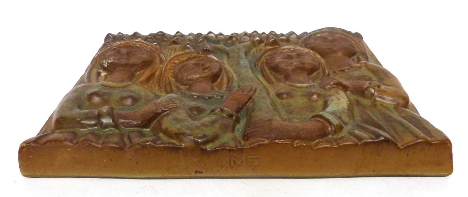 Danish pottery plaque made by Borrholm with four characters in a brown and green glaze to the - Image 4 of 5