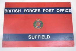 Metal sign for BFPO Suffield on red ground, 90cm long