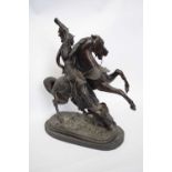 Large spelter figure of a Continental warrior on rearing horse, 40cm high