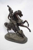 Large spelter figure of a Continental warrior on rearing horse, 40cm high