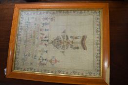 19th century needlework sampler decorated with rows of numbers and letters and a depiction of Adam