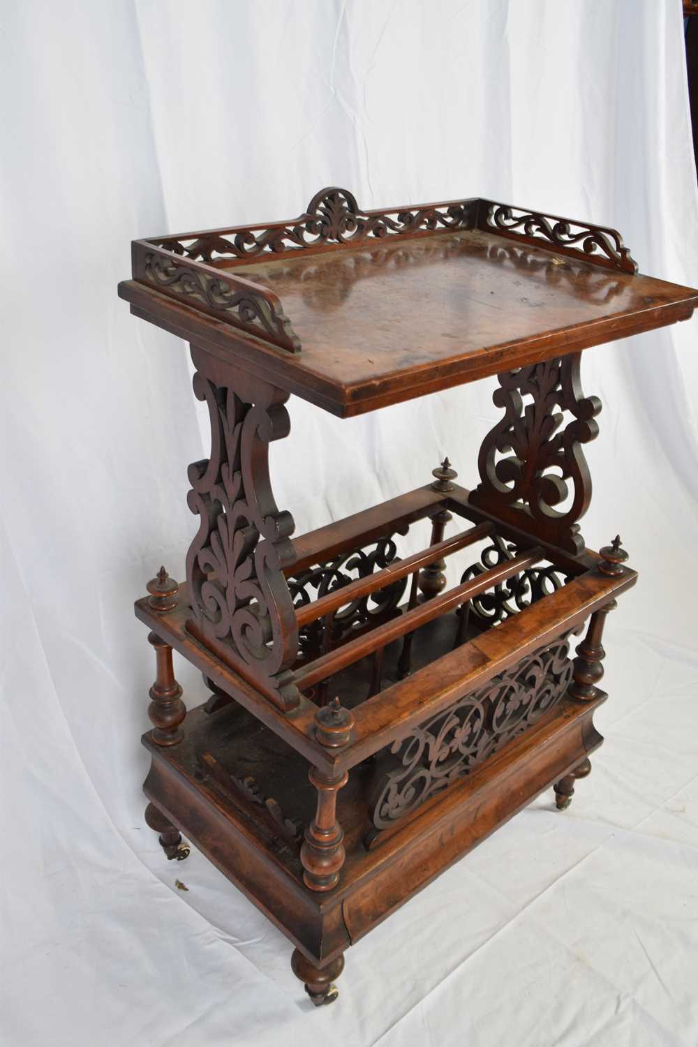 Victorian walnut veneered combination Canterbury type magazine rack with galleried over shelf, - Image 3 of 3