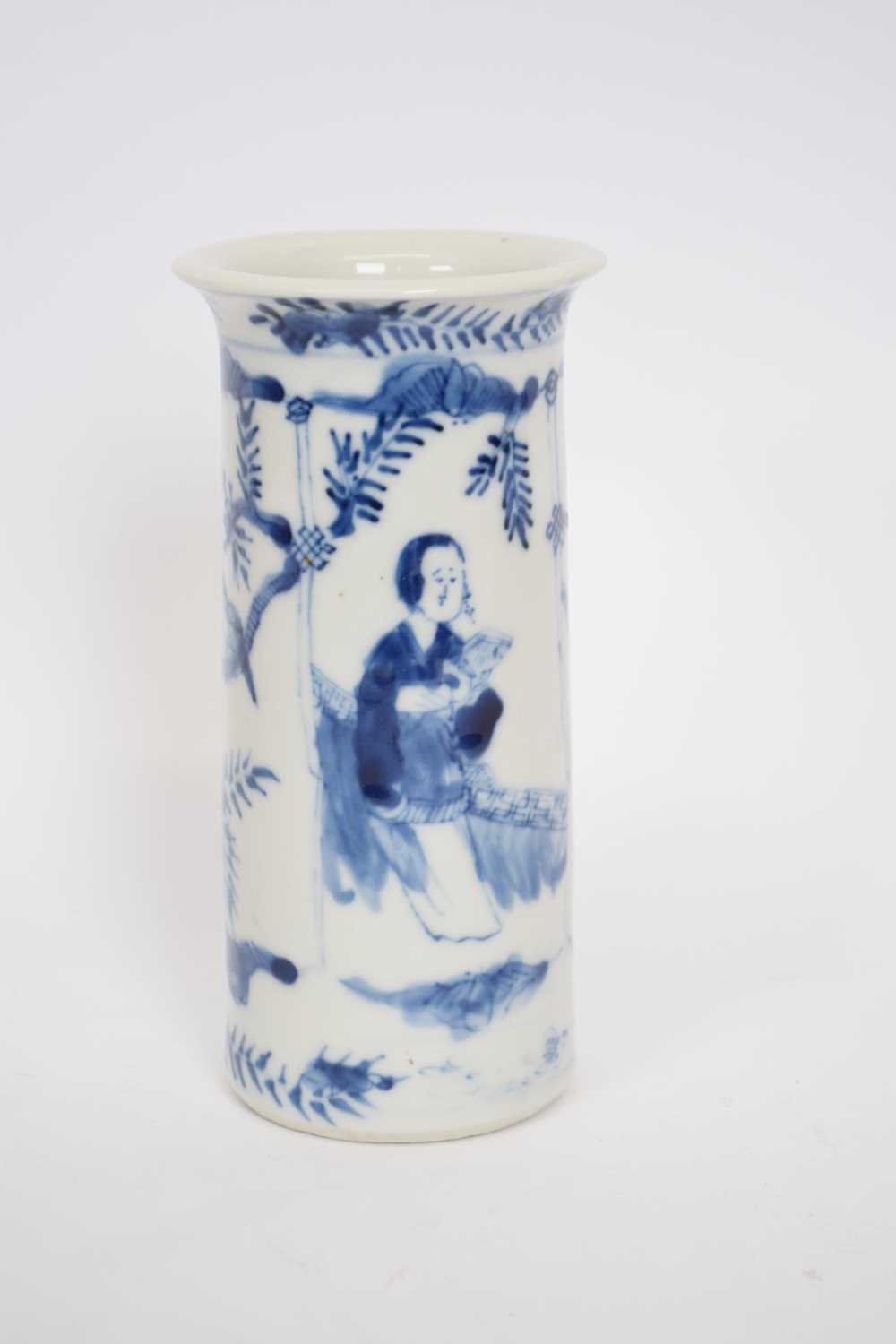 19th century Chinese porcelain cylindrical vase decorated with ladies reading with a bird on a