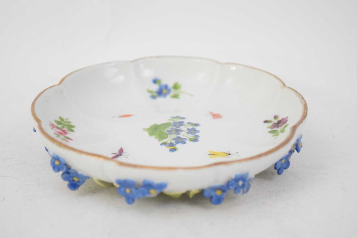 Meissen style lobed saucer decorated with flowers and insects, the base modelled with leaves and - Image 2 of 7