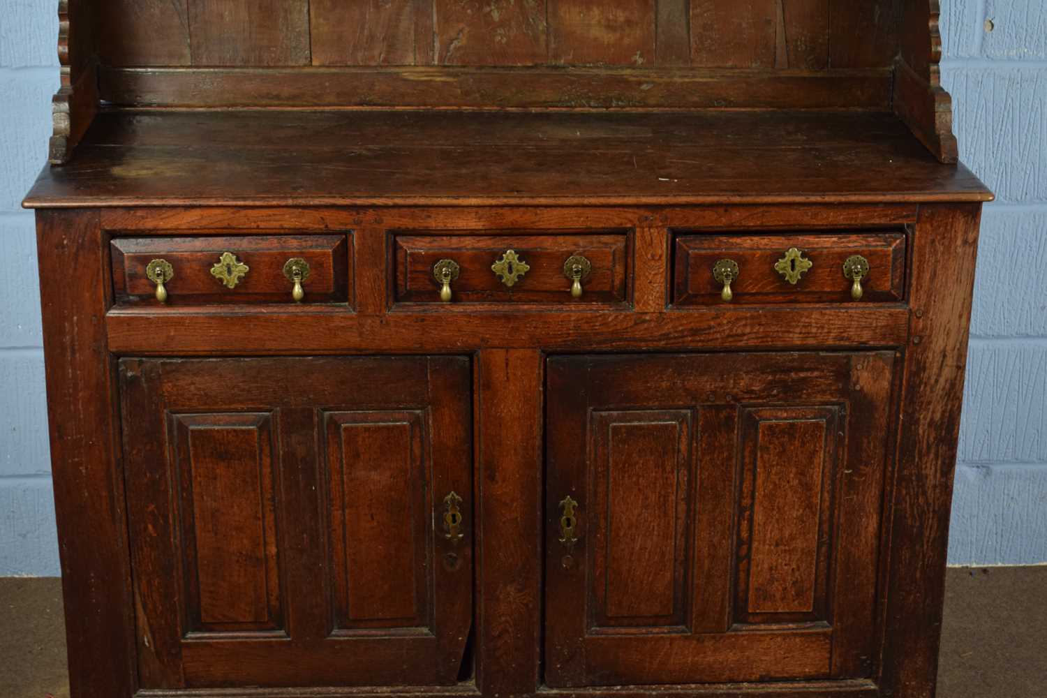 18th century oak dresser, the top section with moulded cornice and two shelves over a base with - Image 4 of 6