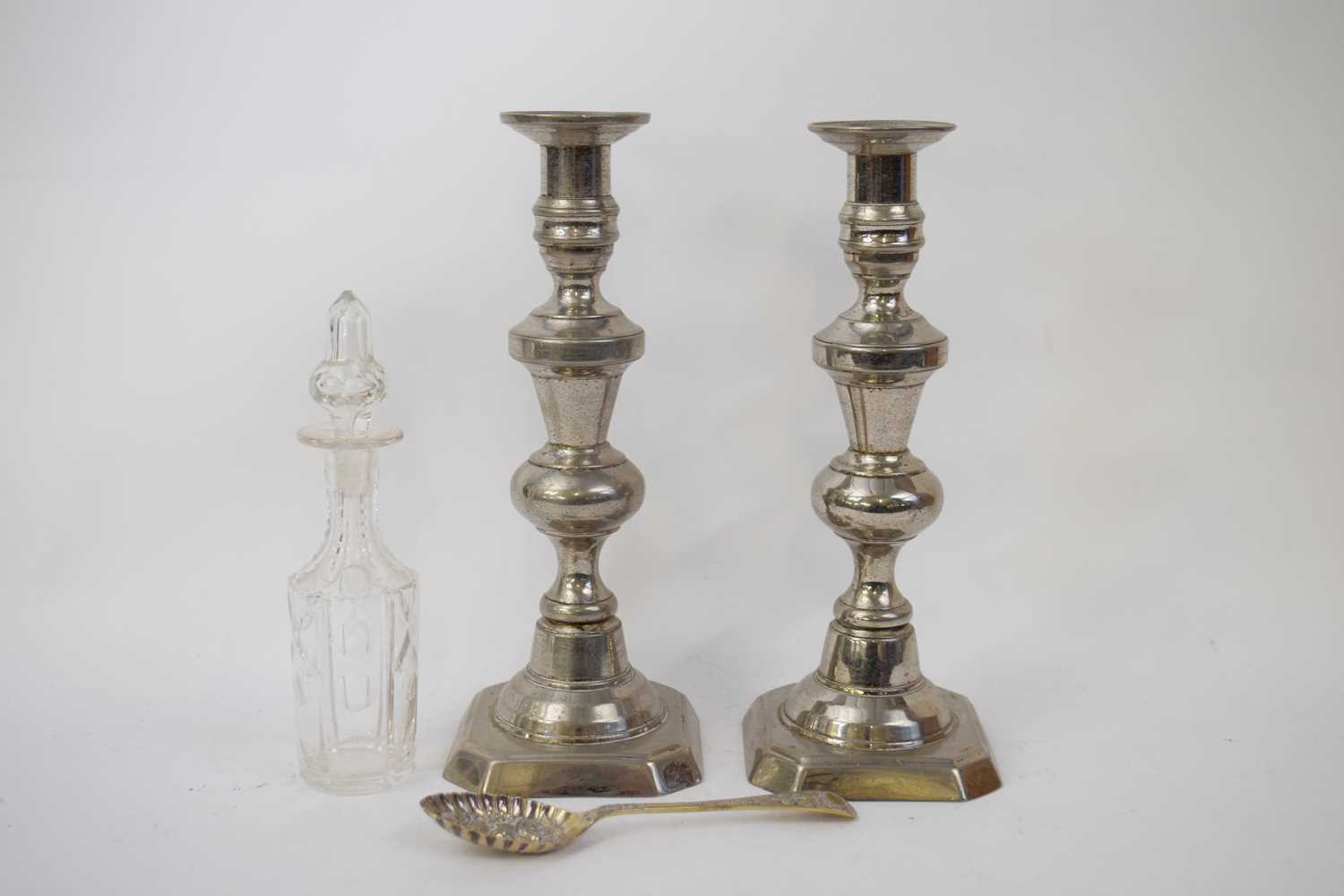 Pair of silver plated candlesticks, plated berry spoon and small glass jar and stopper - Image 2 of 2