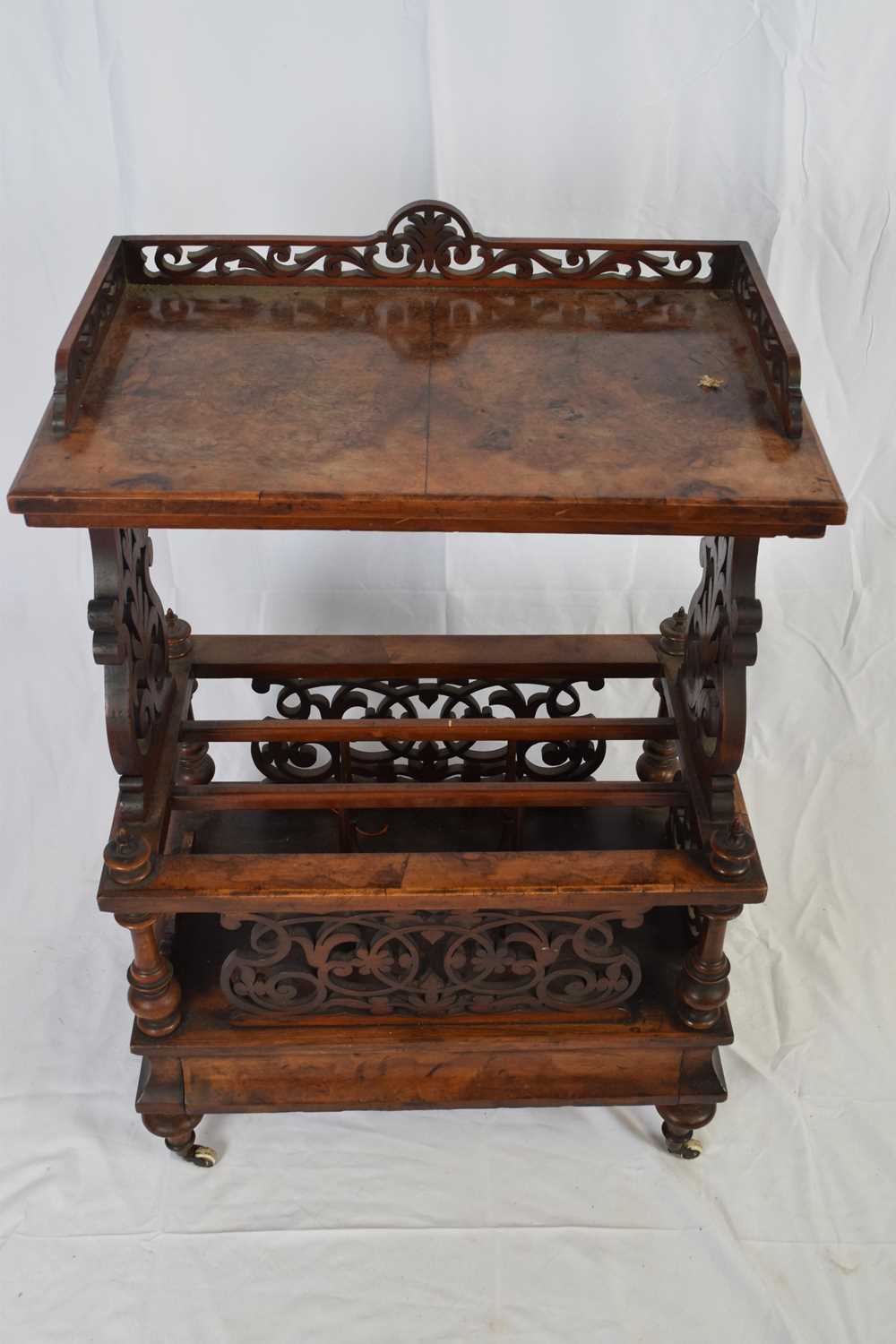 Victorian walnut veneered combination Canterbury type magazine rack with galleried over shelf,