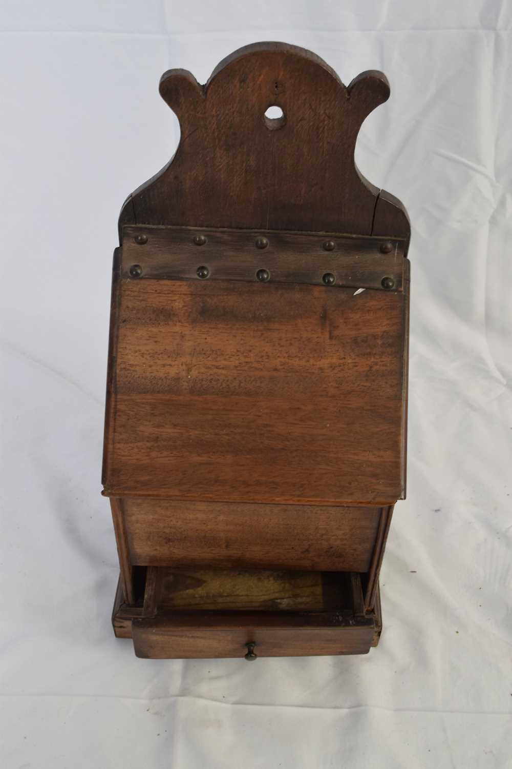 Unusual 19th century mahogany salt or storage box with wall mounting, flip lid with leather hinge - Image 3 of 4