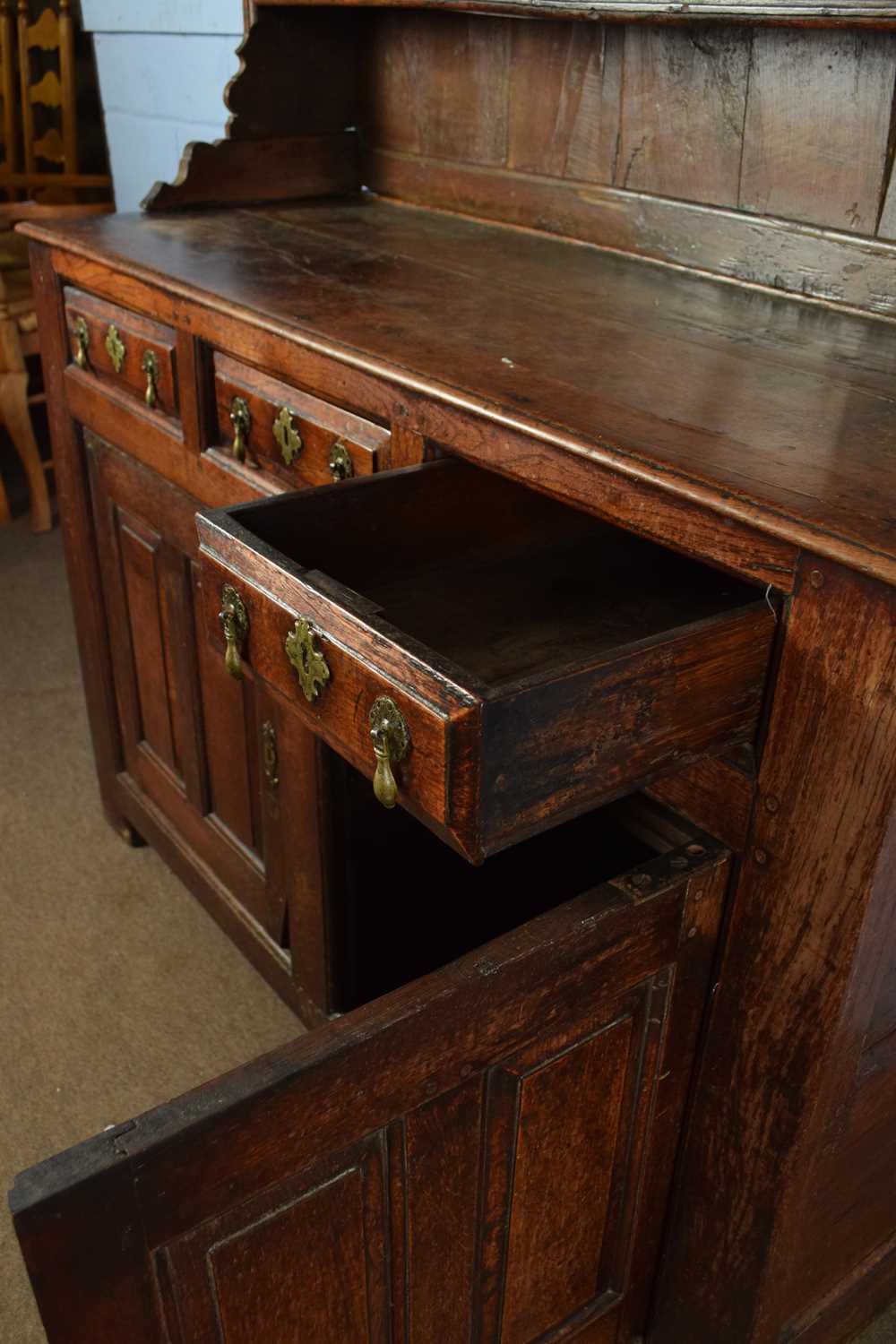 18th century oak dresser, the top section with moulded cornice and two shelves over a base with - Image 6 of 6