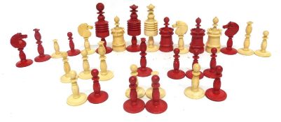 Part chess set in stained bone white and red (2 white pawns a/f, white king missing)