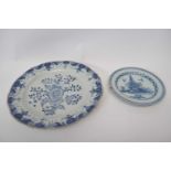 18th century Chinese blue and white plate with floral design, together with a small Delft plate, the