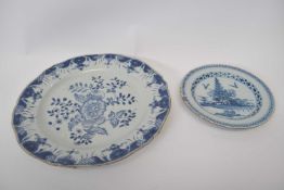 18th century Chinese blue and white plate with floral design, together with a small Delft plate, the