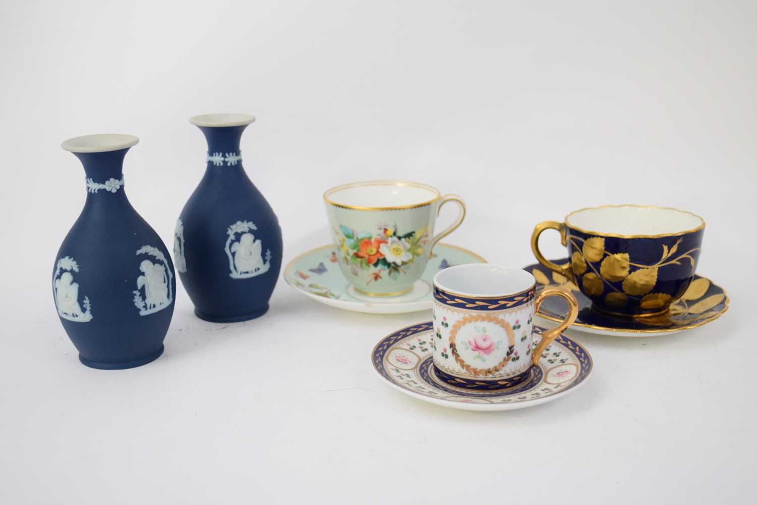 Group of china wares including a Minton cup and saucer, the blue ground with gilt floral design,