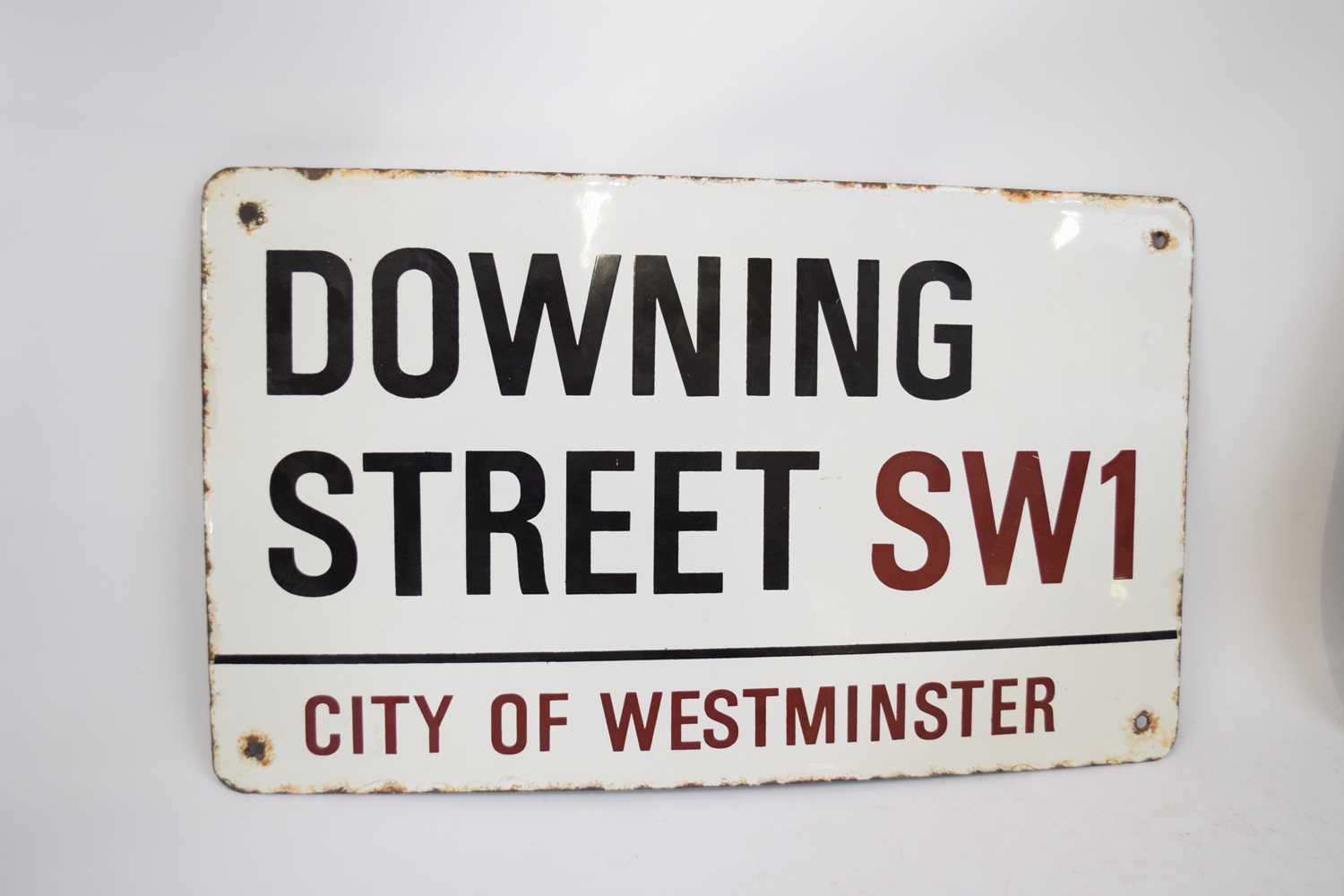 City of Westminster Downing Street sign in black and red lettering on white enamel background - Image 3 of 4