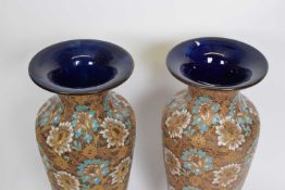 Large pair of Lambeth Doulton Slaters Patent vases with floral designs on impressed lace ground,