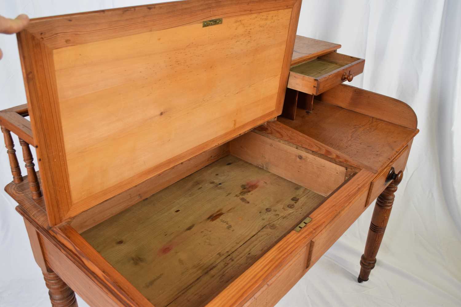 Victorian pitch pine desk with sloped hinged writing surface opening to a storage recess with - Image 3 of 3