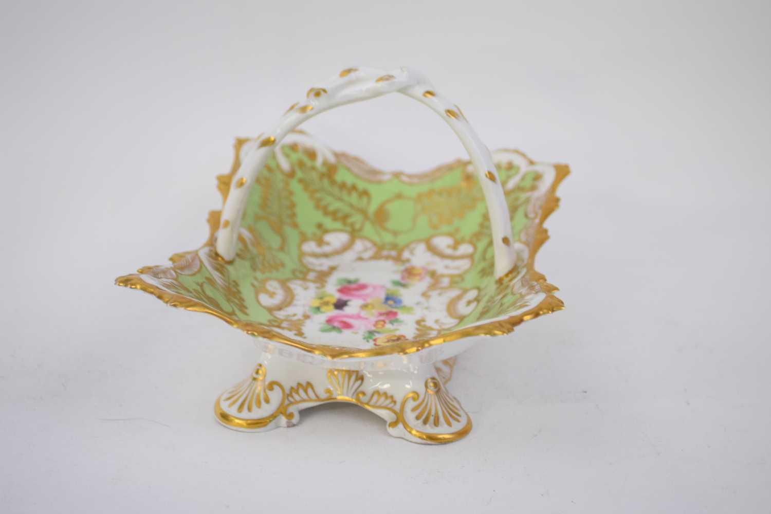 Late 19th century English porcelain basket, the green ground with floral design to the - Image 5 of 5