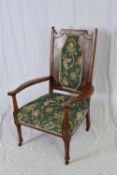 Late Victorian mahogany framed armchair, the back decorated with inlaid floral detail and