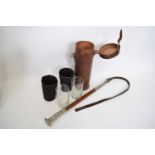 Riding whip with white metal top and ferrule, 44cm long, plus leather container with beakers