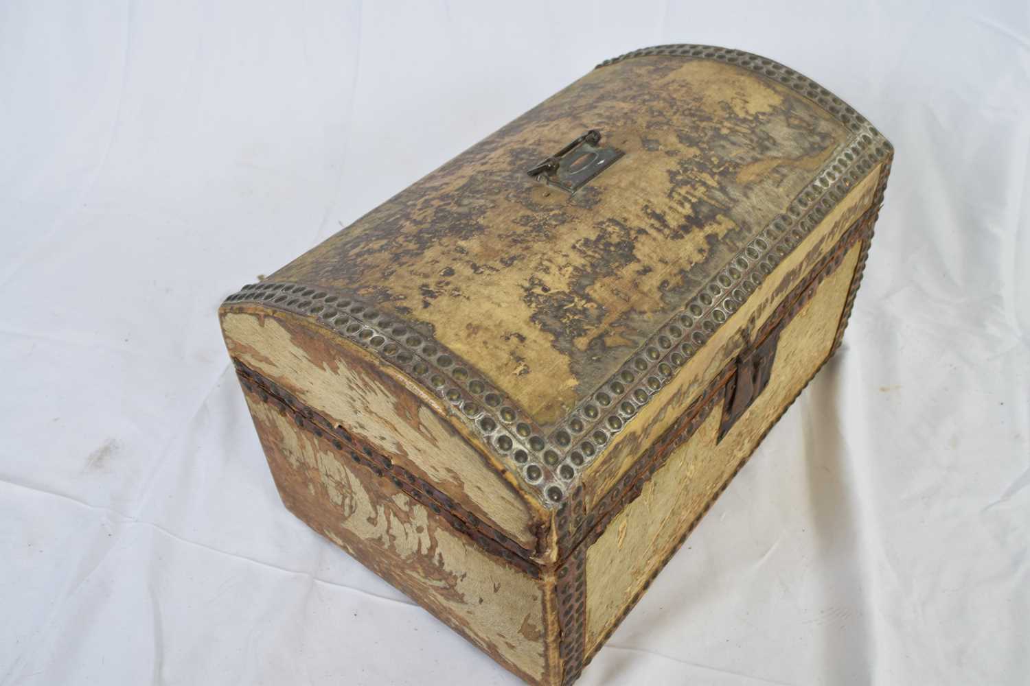 Small 18th/19th century dome top trunk covered in pony skin with metal studded detail, hinged lid - Image 2 of 3