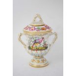 Chelsea porcelain type vase with intertwined handles painted with exotic birds, the base with gold