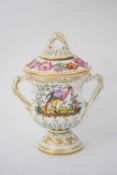 Chelsea porcelain type vase with intertwined handles painted with exotic birds, the base with gold