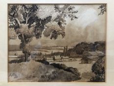 Walter Thomas Watling (British, 20th Century) Landscape with village in the distance, watercolour.