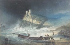 Henry Bright (Briitsh, 19th Century), Lifeboat launched into a storm below Tantallon Castle.