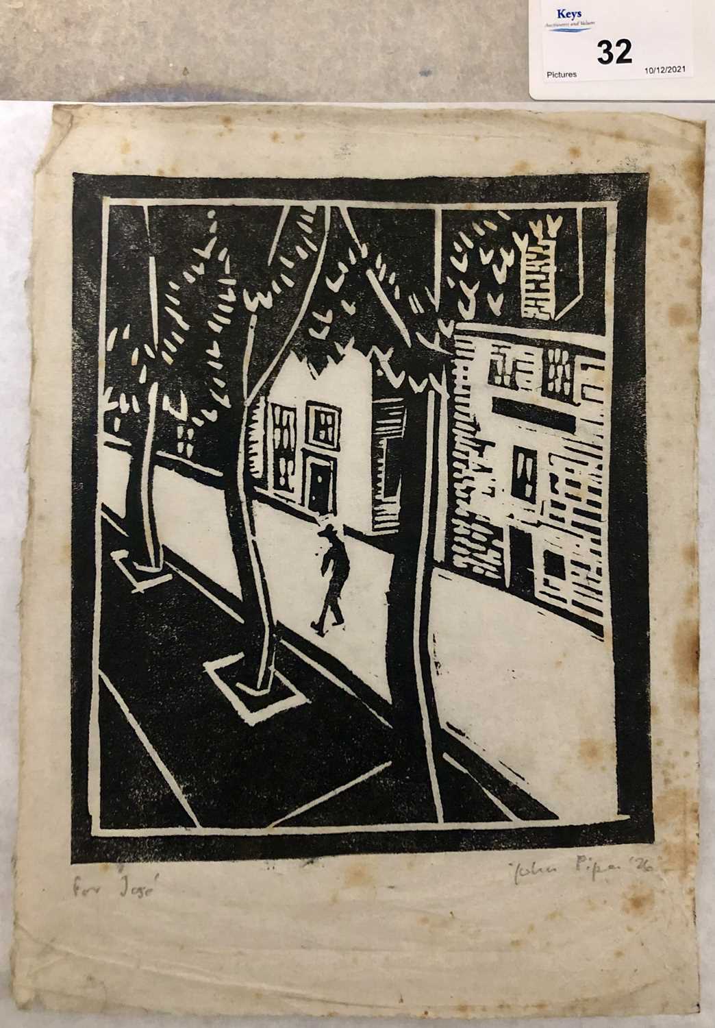 John Piper (British, 20th Century), Street Scene with Figure and Trees, Woodcut, signed and