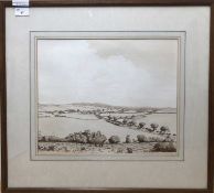 David Yaxley (British, Contemporary), North Norfolk, sepia watercolour wash and ink. Framed and