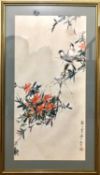 Chinese, 20th Century, Grosbeaks on a flowering branch. Watercolour, signed. Framed and glazed.27