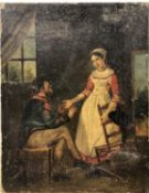 British School, 19th Century. An interior scene of a soldier and maid, oil on canvas, unframed.9.5 x