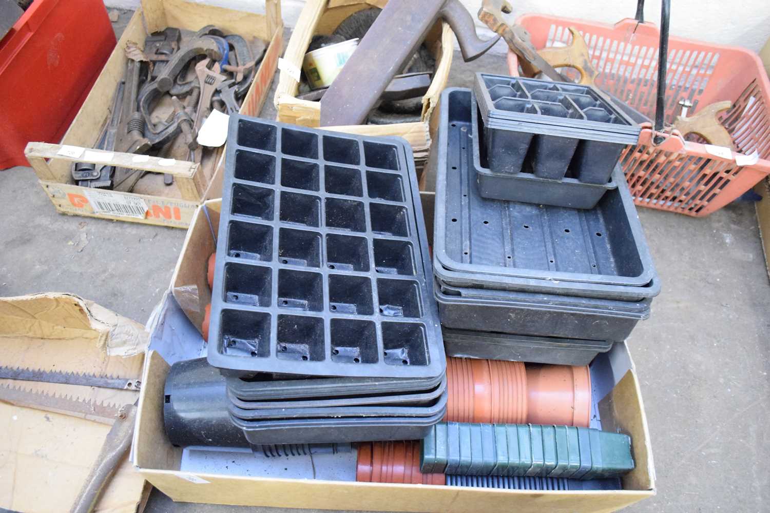BOX OF PLANT POTS AND SEED TRAYS