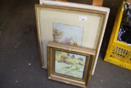 MIXED LOT PICTURES COMPRISING WATERCOLOUR STUDY OF HAYSTACKS AND TWO OTHERS