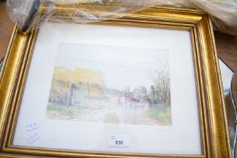 MIXED LOT COMPRISING A BEVELLED MIRROR AND A SMALL WATERCOLOUR STUDY OF HORSE ON FARM TRACK